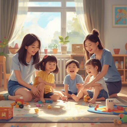 楽しそうに遊ぶ保育士と子どもたち